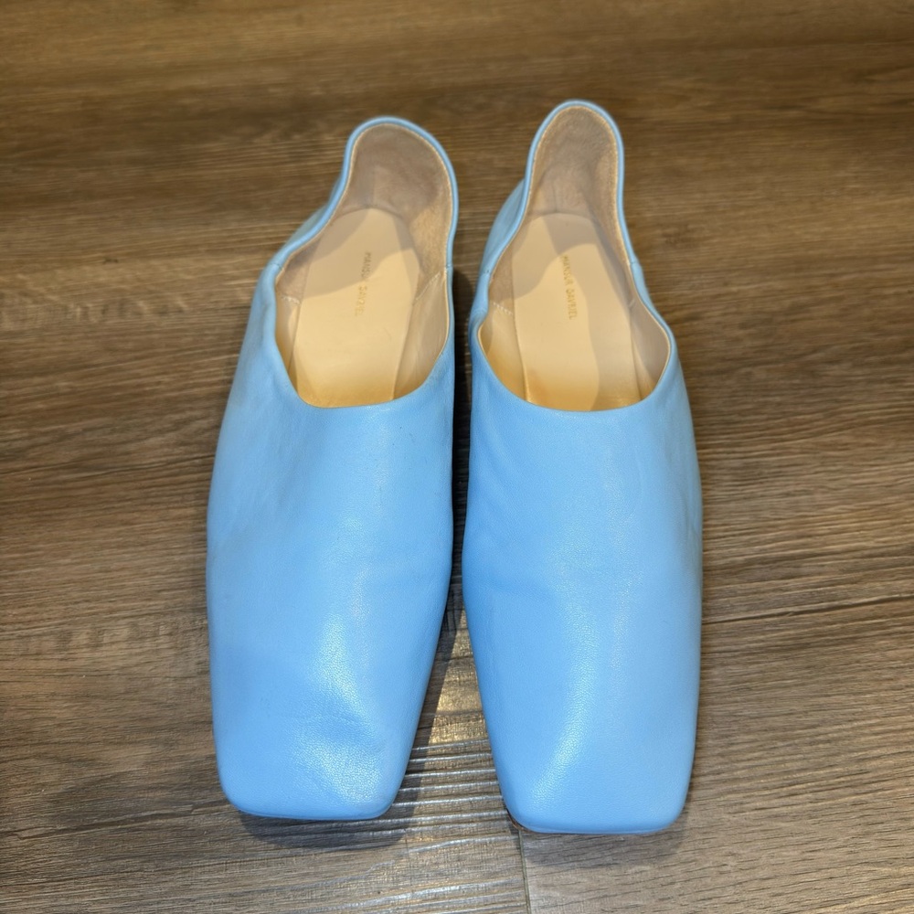 Mansur Gavriel Moroccan Babouche Blue Square Toe Leather Flats - Picture 2 of 10